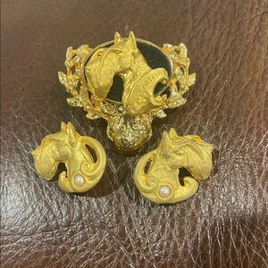 Gold Scottie Brooch and Earrings Set